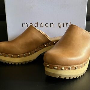 Madden Girl Tan Mules with Gold Studded Detailing